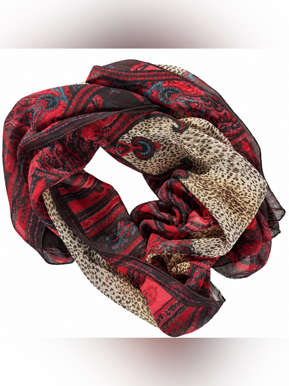 Red Paisley Leopard Print Silk Scarf Avant Garde 20” x 54” Boho